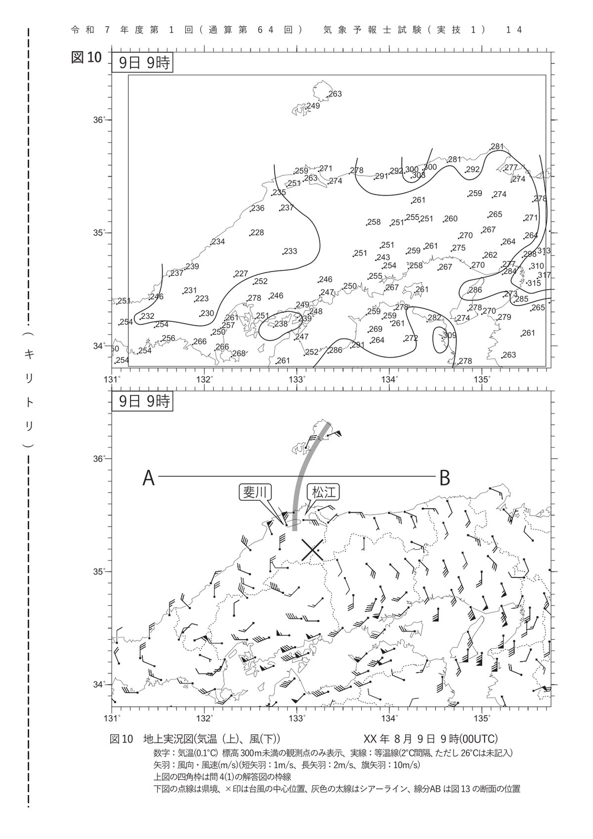 第64回実技1 図10 地上実況図（気温・風、9日9時）