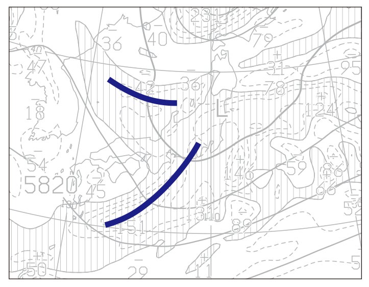 第64回実技2 問4(2)①の解答例 12日9時の500hPa予想図に描画した2つのトラフ
